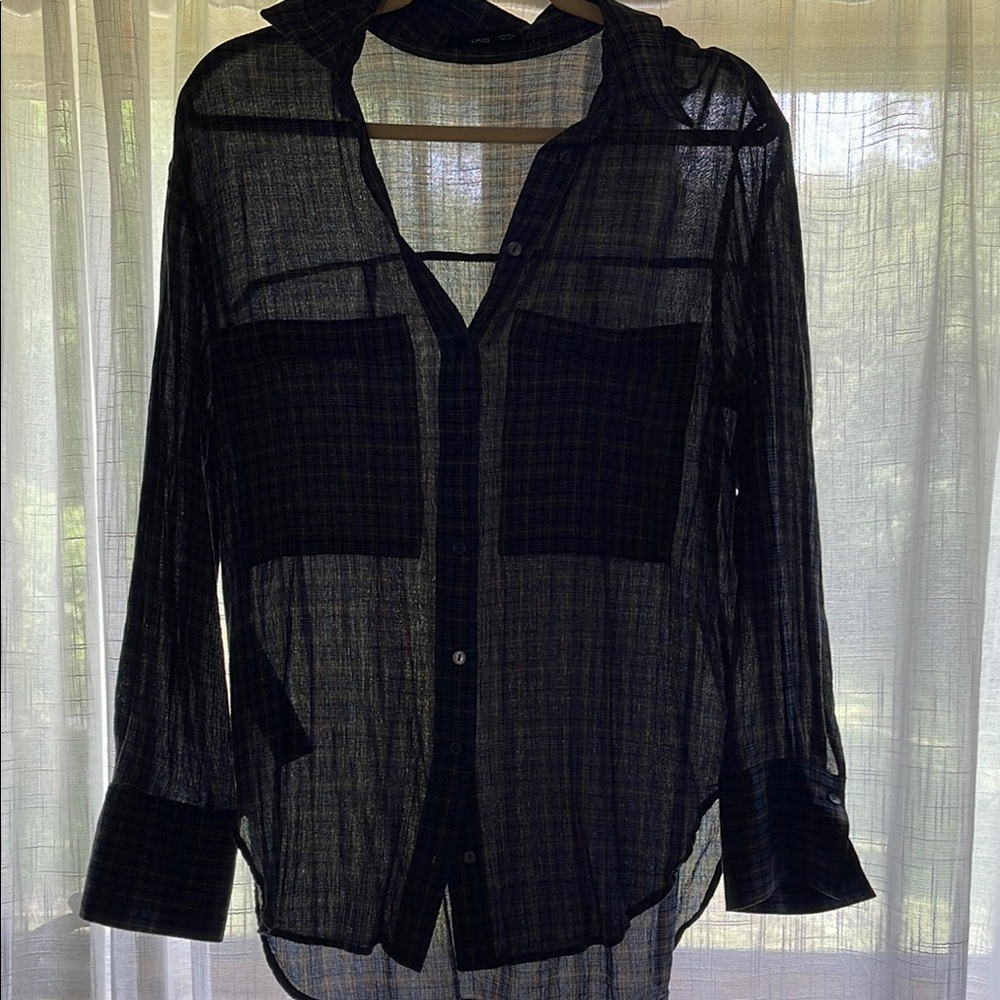 Mango Black and White Sheer Button Down Blouse